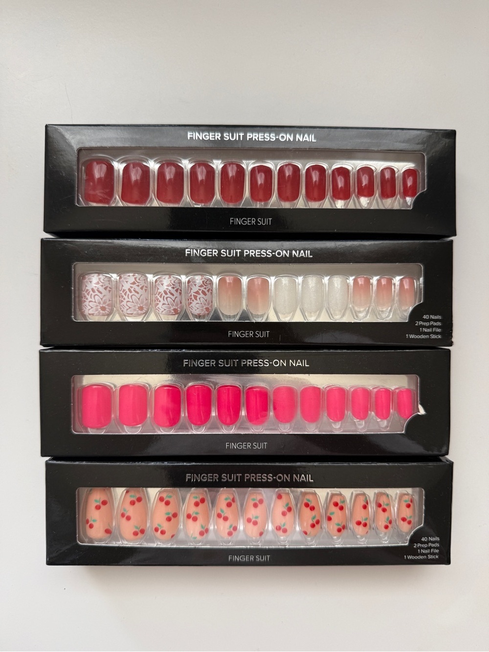 Finger Suit Press-On Nail Four Kits Red, Nude Floral, Hot Pink, Cherry Dot Sets